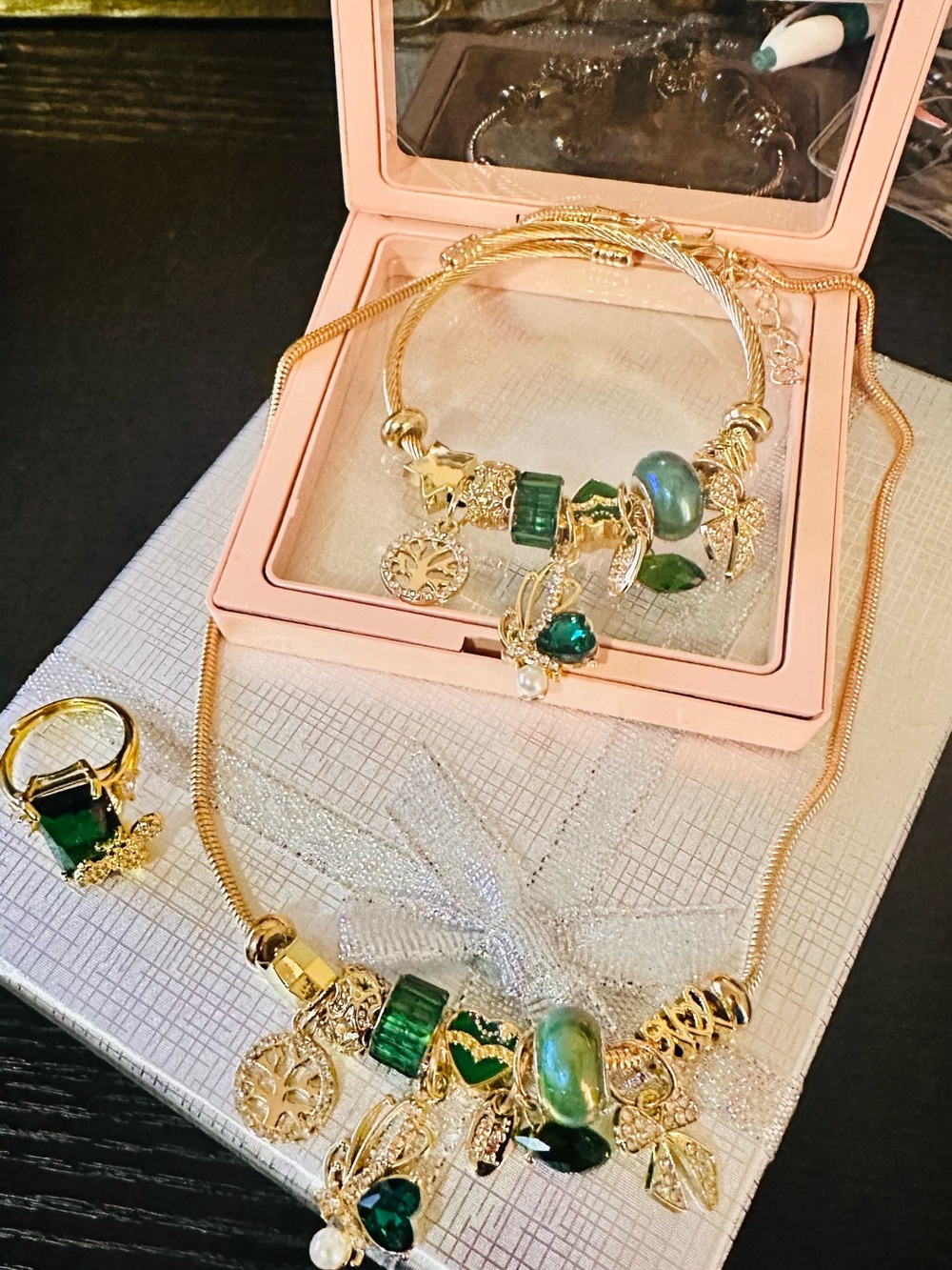 Gold Plated Green Charm Necklace, Bracelet, and Ring Set